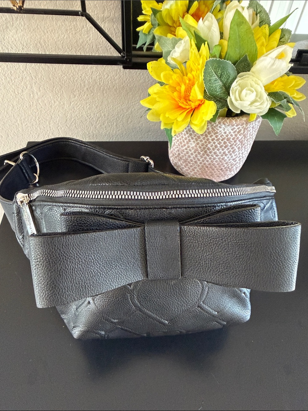 Betsey Johnson Black Faux-Leather Bow Crossbody Belt Bag